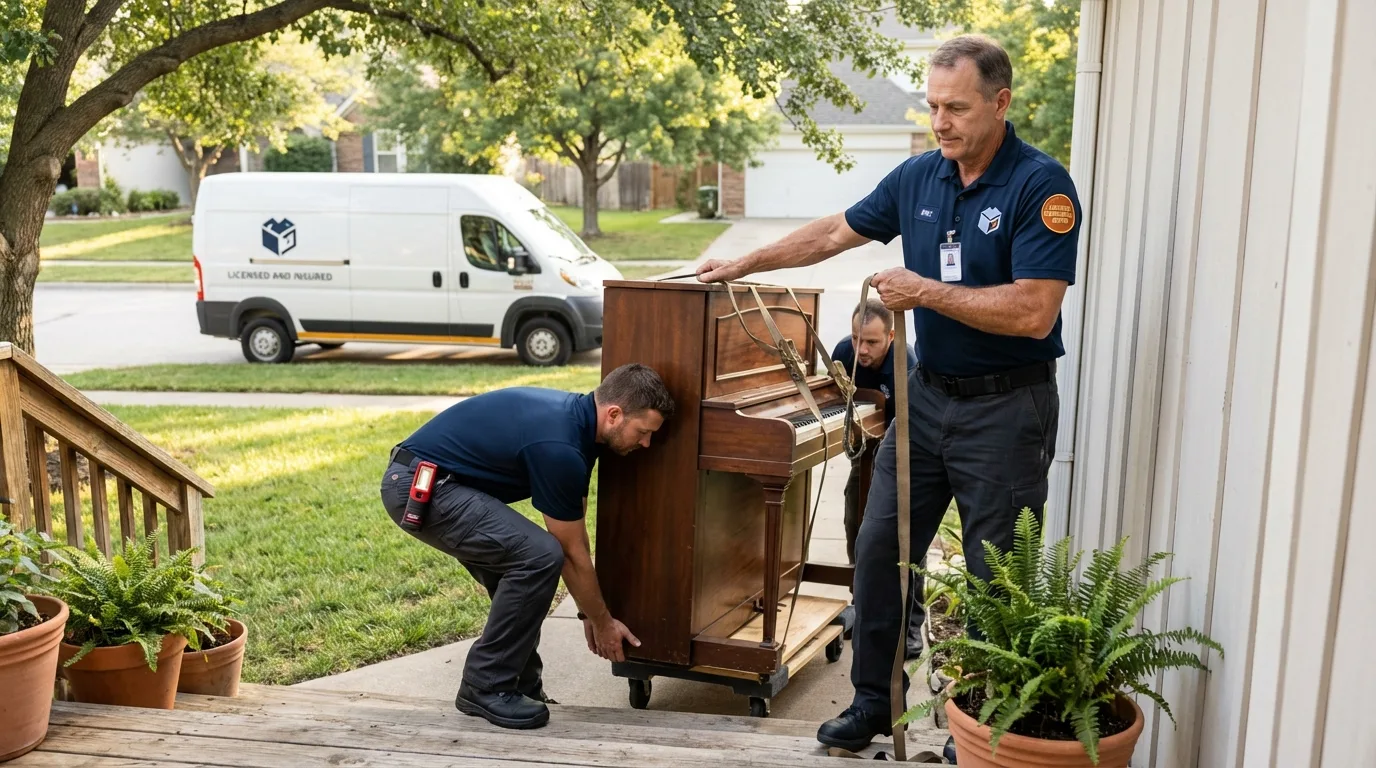 Licensed piano movers securing grand piano in Forsyth, GA