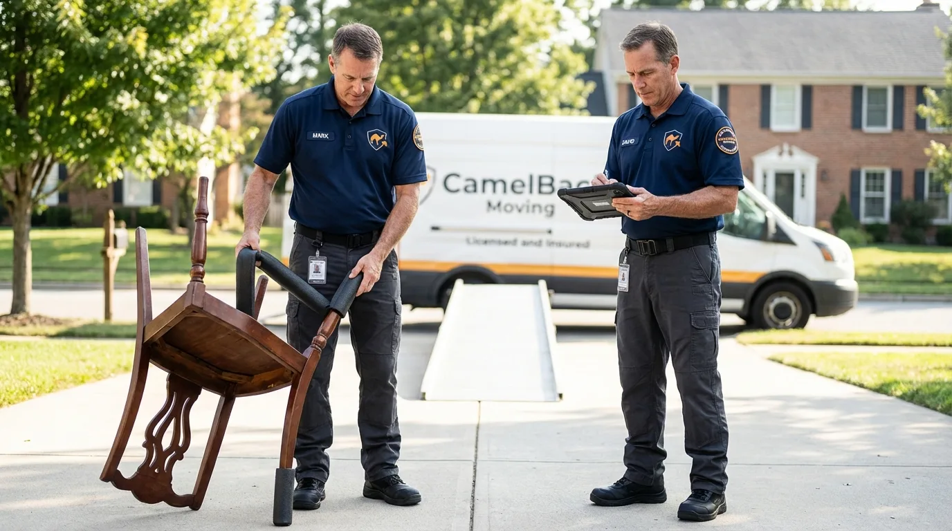 Movers inspecting furniture for damage prevention before loading in Forsyth, GA