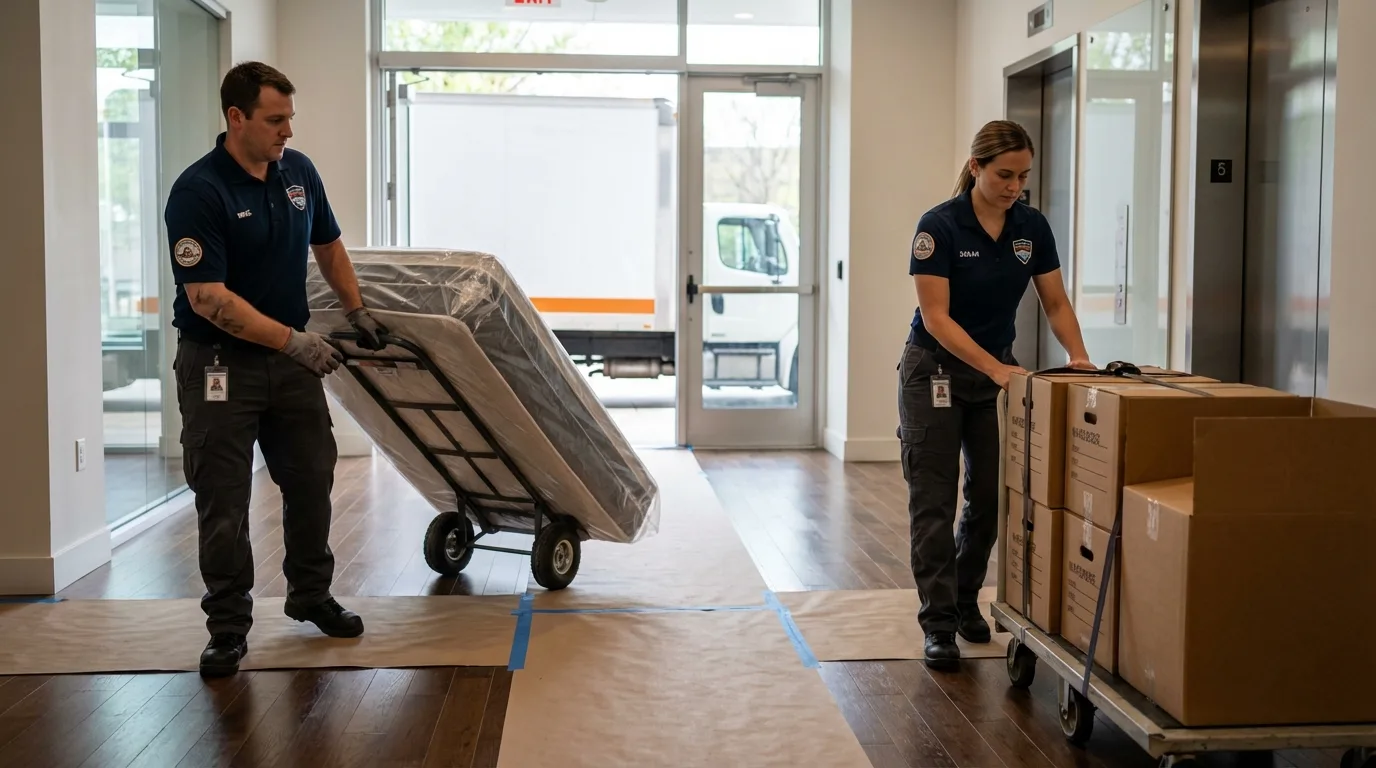 Professional apartment movers loading elevator in Forsyth, GA